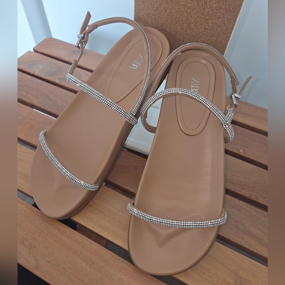 Zara Tan Strappy Sandals with Rhinestone Detail - Like New - Picture 2 of 8